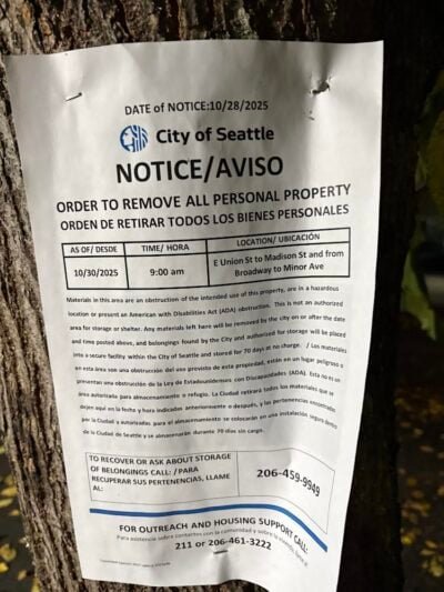 ‘ORDER TO REMOVE ALL PERSONAL PROPERTY’ — City announces sweep of 15-block area of First Hill